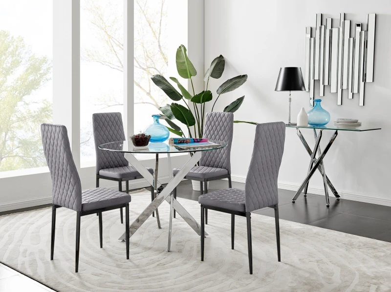 Image of FurnitureboxUK FurnitureboxUK Novara 100cm Round Dining Table and 4 Velvet Milan Black Leg Chairs in Grey Grey One Size Unisex 5056657153748