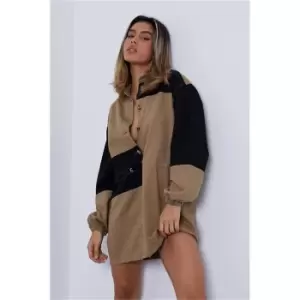 Image of I Saw It First Chocolate Colour Block Denim Shirt Dress - Brown