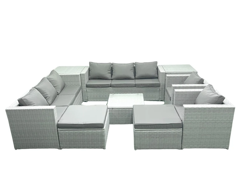 Image of Fimous Outdoor Rattan Sofa Garden Furniture Set with 2 Armchairs Square Coffee Table 2 Big Footstools 2 Side Tables Light Grey Mixed Light Grey