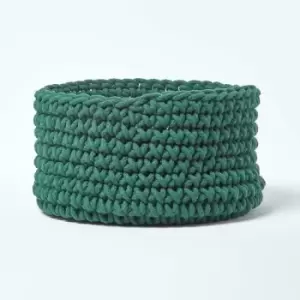 Image of Homescapes - Forest Green Cotton Knitted Round Storage Basket, 37 x 21cm - Forest Green