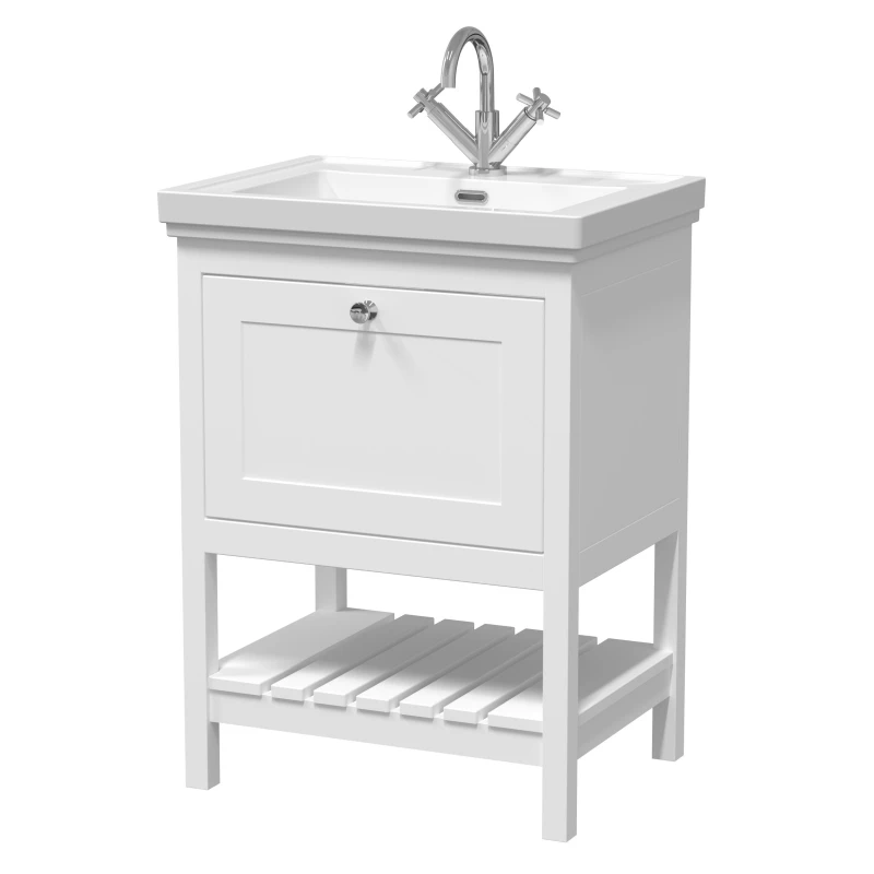 Image of Balterley Bathroom Floor 1 Drawer Vanity & 1 Tap Hole Basin, Pure White, 630mm in White White Unisex