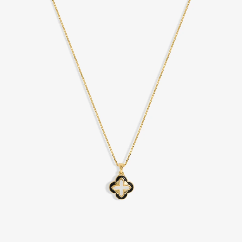 Image of Inicio Gold Plated Jet Enamel And Mother Of Pearl Clover Pendant - Gift Pouch Gold