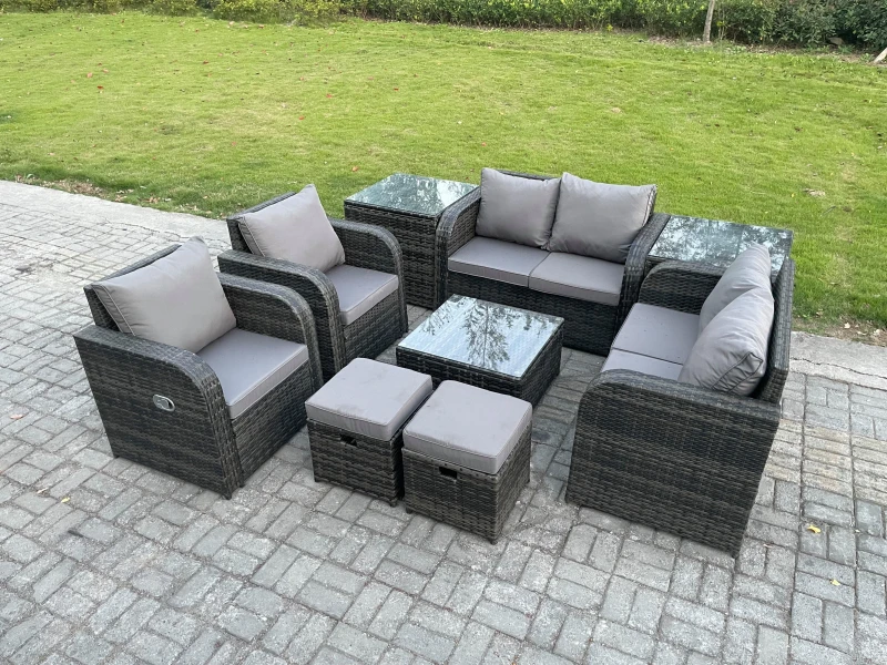 Image of Fimous Garden Furniture Set Rattan Outdoor Lounge Sofa Chair With Tempered Glass Table 2 Small Footstools 2 Side Tables Dark Grey Mixed Dark Grey