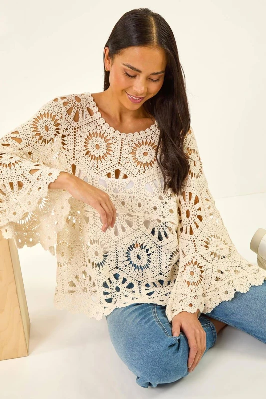 Image of Roman Womens Petite Crochet Flare Sleeve Top in Natural Size: S/M Natural Female S/M
