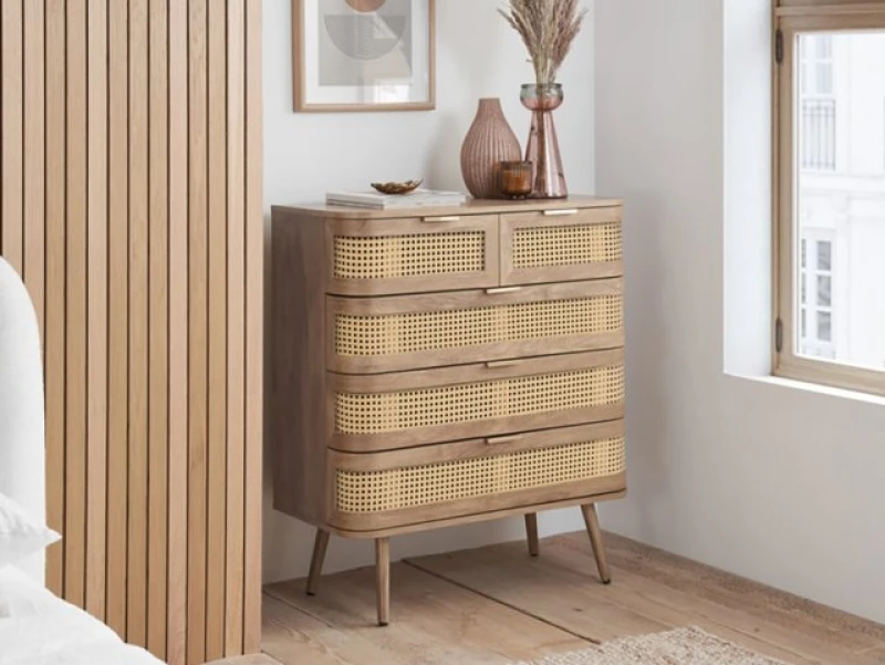 Image of Birlea Noah Rattan and Oak 5 Drawer Chest of Drawers