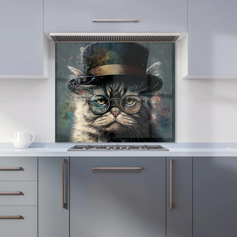Image of Warren Reed - Designer Selkirk Rex Cat With Glasses Splashart Kitchen Splashback Size: 700mm x 750mm Multicolor Unisex 700mm x 750mm