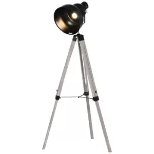 Image of Homcom Industrial Tripod Base Cone Floor Lamp Wood Legs Metal Shade Power Switch
