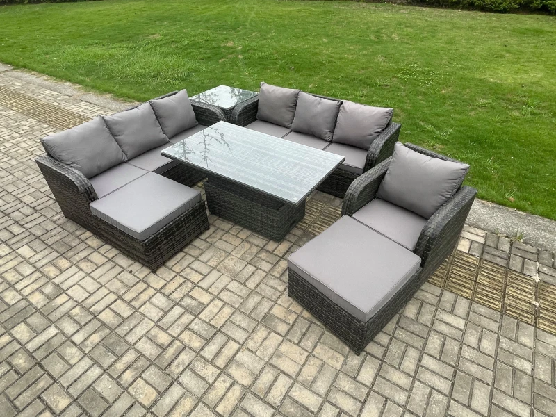 Image of Fimous PE Rattan Outdoor Garden Furniture Sets Height Adjustable Rising lifting Dining Table Sofa Set with Side Tables Reclining Chair Dark Grey