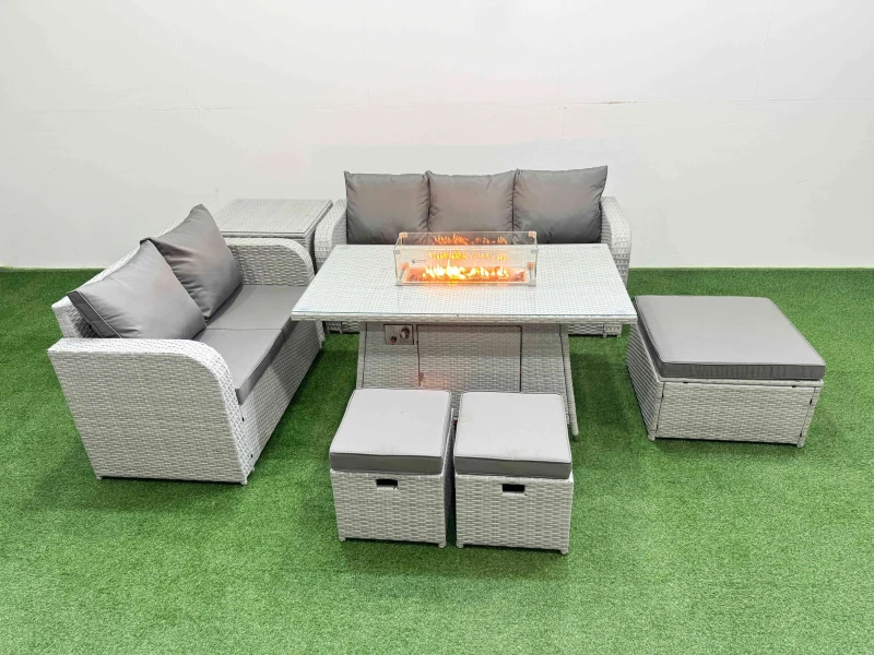 Image of Fimous 8 Seater PE Rattan Wicker Garden Furniture Patio Conservatory Sofa Set with Firepit Dining Table 3 Seater Sofa Love Sofa 3 Stool Side Table Lig
