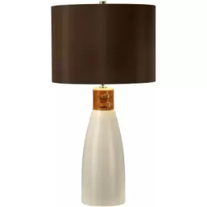 Image of Table Lamp Brown Leather Brass Strap Brown Faux Silk Cylinder Shade LED E27 60W