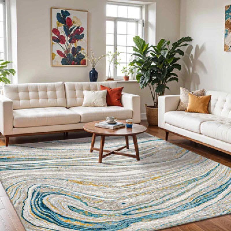 Image of Livabliss Abstract Modern Marble Dark Teal/beige Glendy Area Rug 200 X 275cm - Easy Care, Non Shedding, Ideal For Living Room & Bedroom
