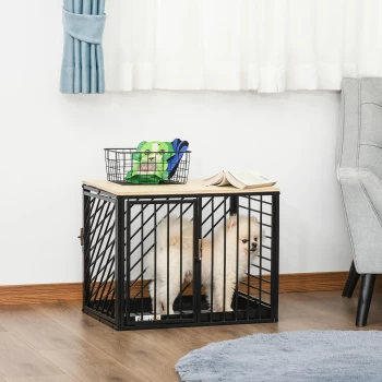 Image of PawHut Heavy Duty Steel Dog Crate w/ Tray Mini & Small Dog Welsh Corgi Kennel Two Doors Wooden Top Pet Cage Black 61L x 44W x 49H cm