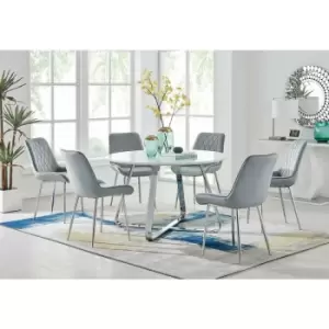 Image of Santorini White Round Dining Table And 6 Grey Pesaro Silver Leg Chairs - Elephant Grey