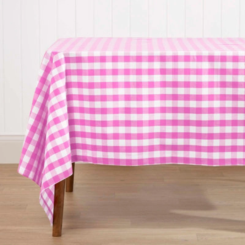 Image of Homescapes Block Check Cotton Gingham Tablecloth, 137cm x 137cm Pink
