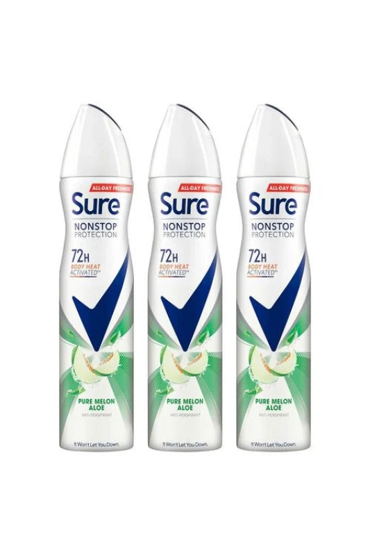 Image of Sure Women 'Antiperspirant' 72H Protection Pure Melon Aloe Deo, 3x250ml White female