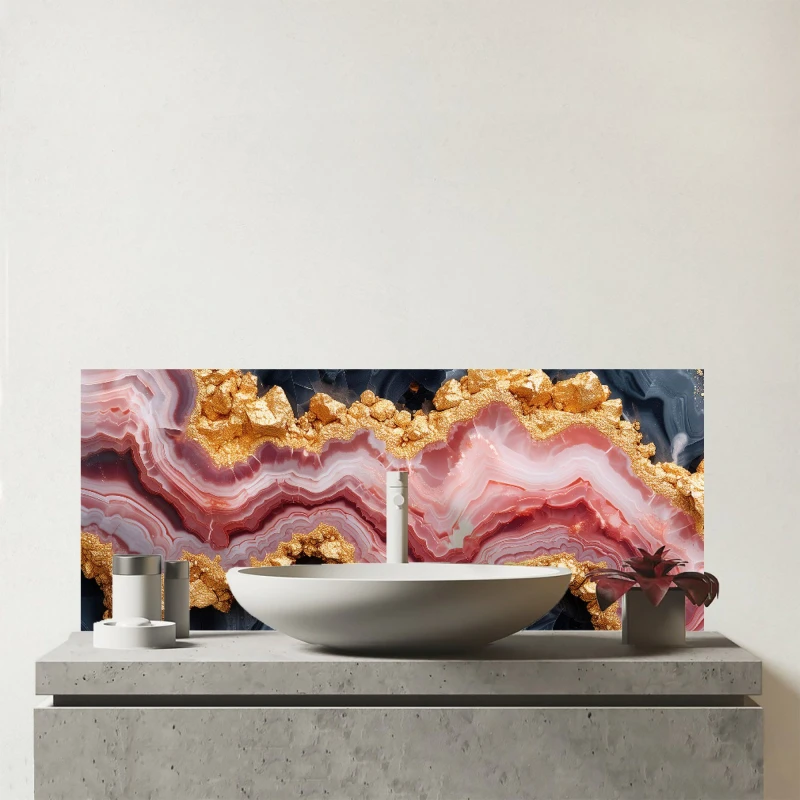 Image of Warren Reed - Designer Black & Pink Marble Effect Glass Bathroom Splashback Pink Unisex