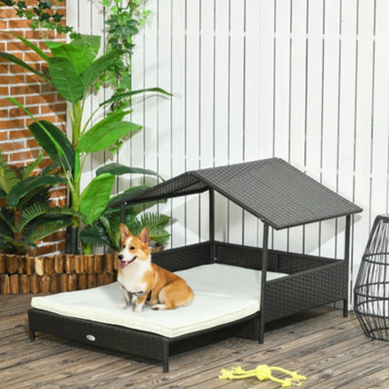 Image of PawHut Extendable Rattan Dog House w/ Water-Resistant Roof, Cushion White - Pawhut 5056725503772