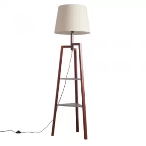 Image of Towa Shelved Dark Wood Tripod Floor Lamp with XL Beige Aspen Shade