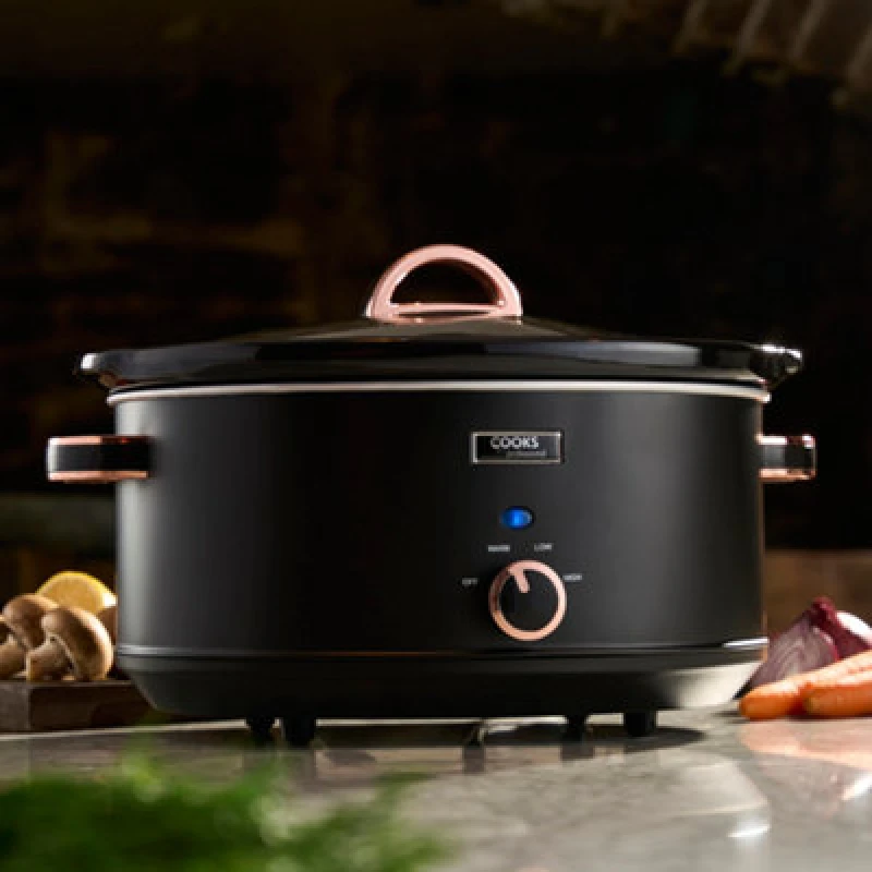 Image of Cooks Professional Slow Cooker 6.5L With Analogue Control & 3 Heat Settings - Large One Pot Cooking Machine - Black/rose Gold