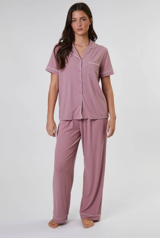 Image of Loungeable Womens Rib Short Sleeve Traditional Shirt & Long Pant in Pink Size: XS Pink Female XS