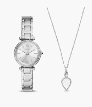 Image of Fossil Women Carlie Three-Hand Stainless Steel Watch and Necklace Set
