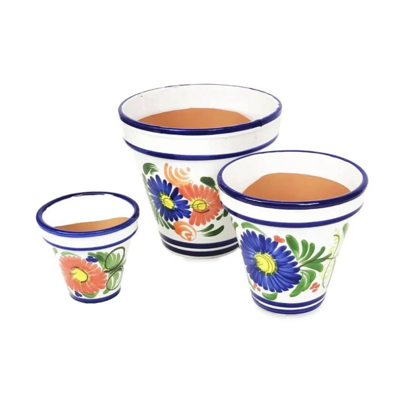 Image of Verano Spanish Ceramics Floral Hand Painted Set of 3 Outdoor Garden Patio Classic Plant Pots (D) 16-29cm Multi