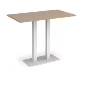 Image of Eros rectangular poseur table with flat white rectangular base and twin uprights 1400mm x 800mm - kendal oak
