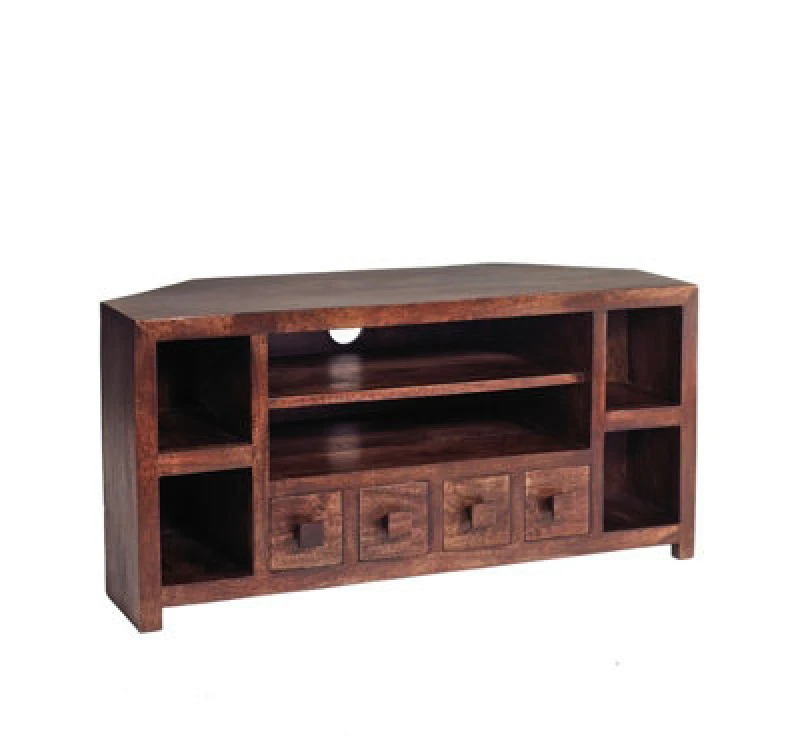 Image of Buttercup Farm Toko Dark Mango Corner TV Unit - Solid Mango Wood - L45 X W110 X H55 Cm