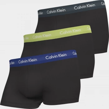 Image of Calvin Klein Mens Cotton Stretch Low Rise 3 Pack Trunks with Contrast Waistband - B-Hemisphere/Direct Green/Blue Flan - XL