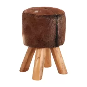 Image of Round Stool in Brown Goat Hide with Teak Legs