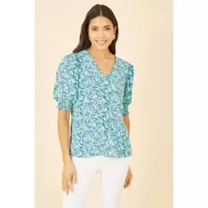 Image of Yumi Green Ditsy Print Puff Sleeve Top - Green