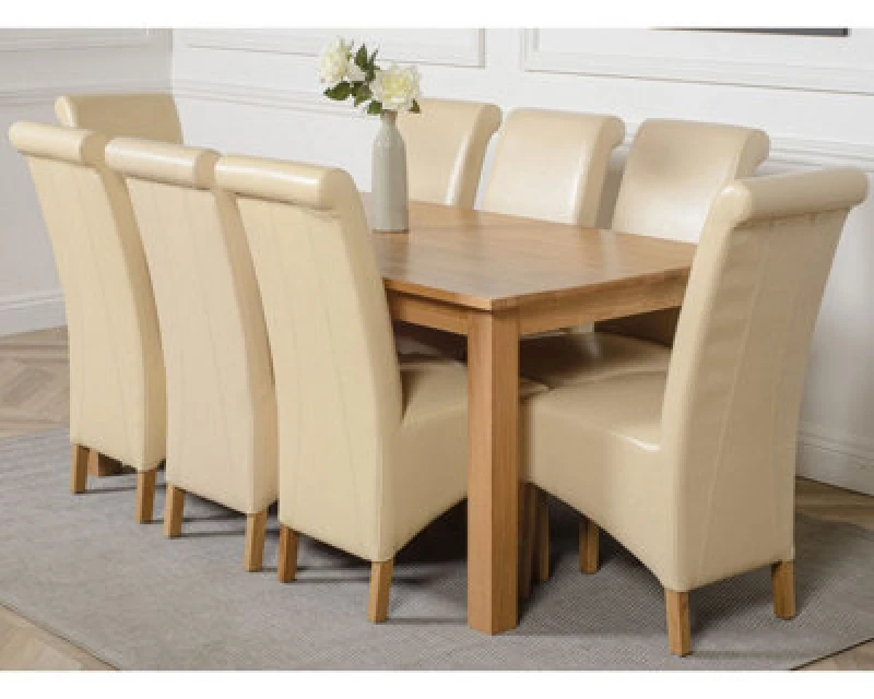 Image of Thats Furniture Oslo 180 x 90cm Large Oak Dining Table & 8 Montana Leather Chairs in Cream Cream Unisex 180 x 90 cm