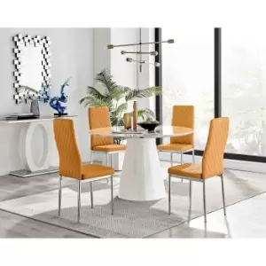 Image of Furniture Box Palma White Marble Effect Round Dining Table and 4 Mustard Milan Chrome Leg Chairs
