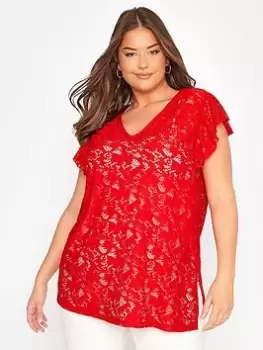 Image of Yours Lace Floral Tshirt, Red, Size 18, Women