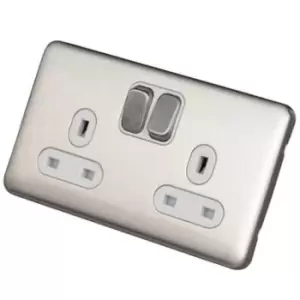 Image of Schneider Electric Lisse Screwless Deco - Switched Double Power Socket, Double Pole, 13A, GGBL3020DWSS, Stainless Steel with White Insert