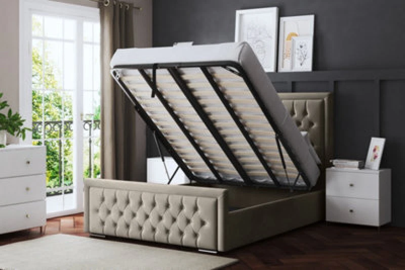 Image of DS LIVING Allegra Cream Upholstered Bed With Ottoman Metal Gas Lift Double AM_HILTONOB_DBL_CRE