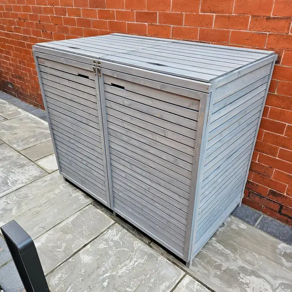 Image of 1.35m x 1.14m Large Grey Wooden Outdoor Garden Double Wheelie Bin Store Storage for 2 Bins