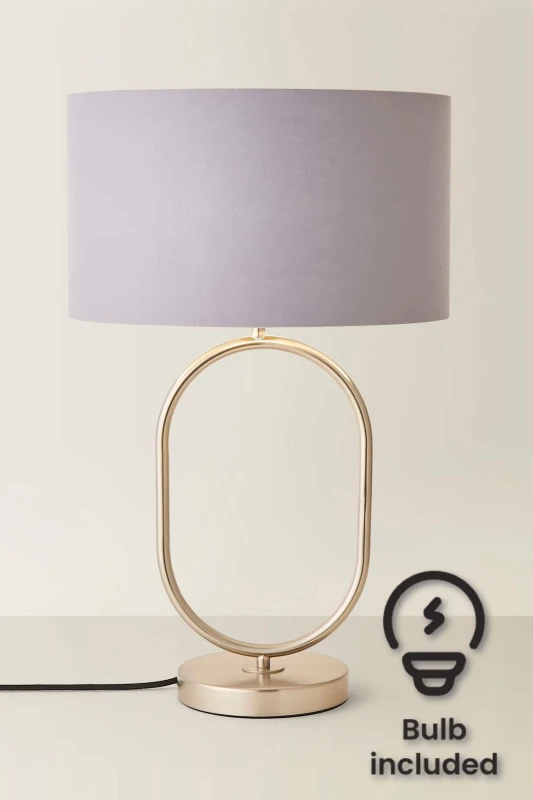 Image of ValueLights ValueLights Antonia Fabric with Chrome Drum Shade Chrome Oval Table Lamp with Bulb in Grey Grey One Size Unisex 5059406066832