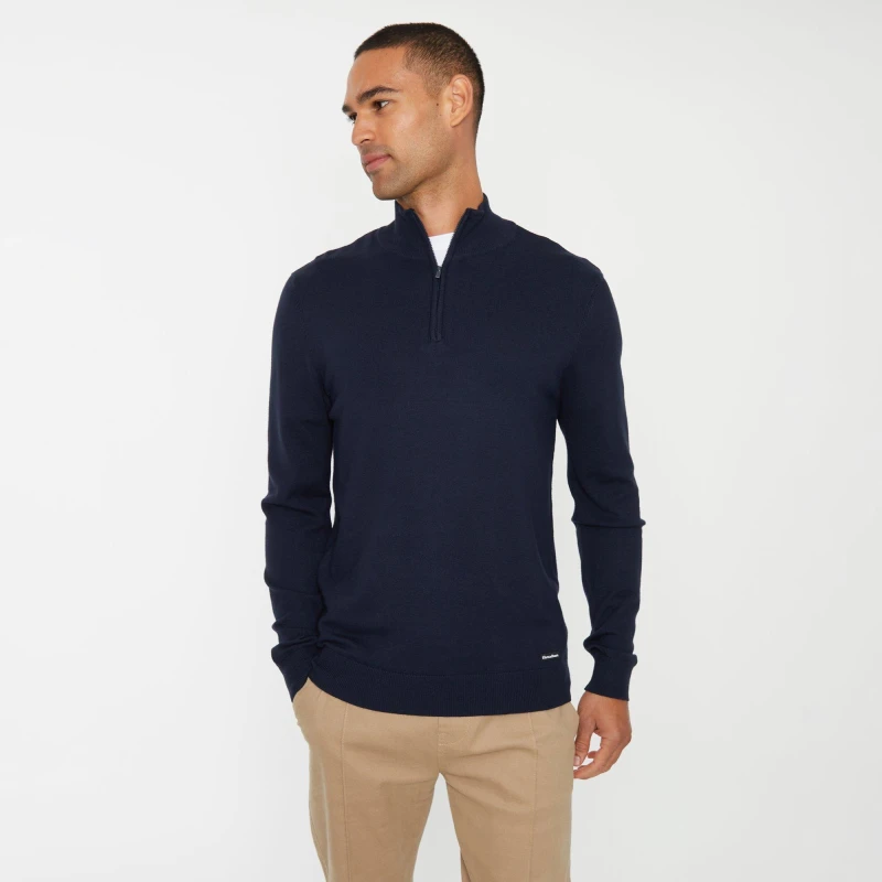 Image of Threadbare 'Tucci' Funnel Neck Quarter Zip Knitted Jumper Navy