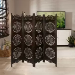 Image of Topfurnishing - 4 Panel Hand Carved Indian Wooden Round Sticker Design Screen Room Divider 183x50cm per panel, wide open 202cm [Dark Brown] - Dark