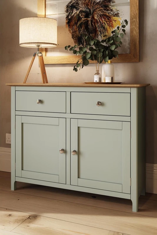 Image of FWStyle Oak Veneer Sideboard Sage Green 2 Doors 2 Drawers Storage Cabinet Green