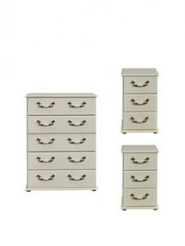 Image of Swift Broadway Ready Assembled 3 Piece Package - 5 Drawer Chest And 2 Bedside Chests
