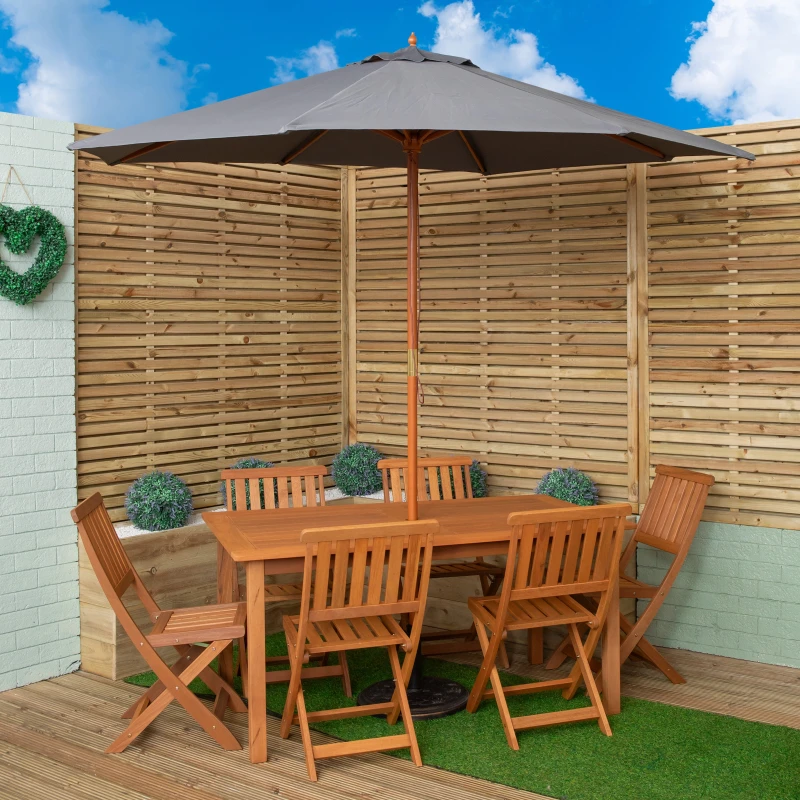Image of Outdoor 6 Person Rectangular Wooden Garden Patio Dining Table Chairs with Grey Parasol and Base Set