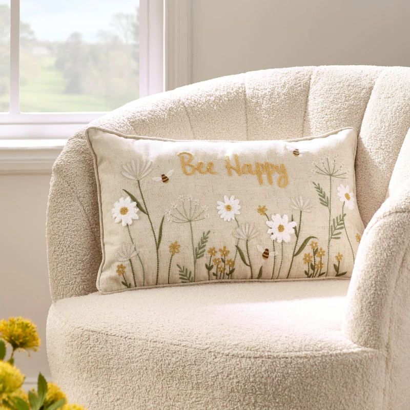 Image of Catherine Lansfield Bee Happy Embroidered Filled Boudoir 30cm x 50cm Natural