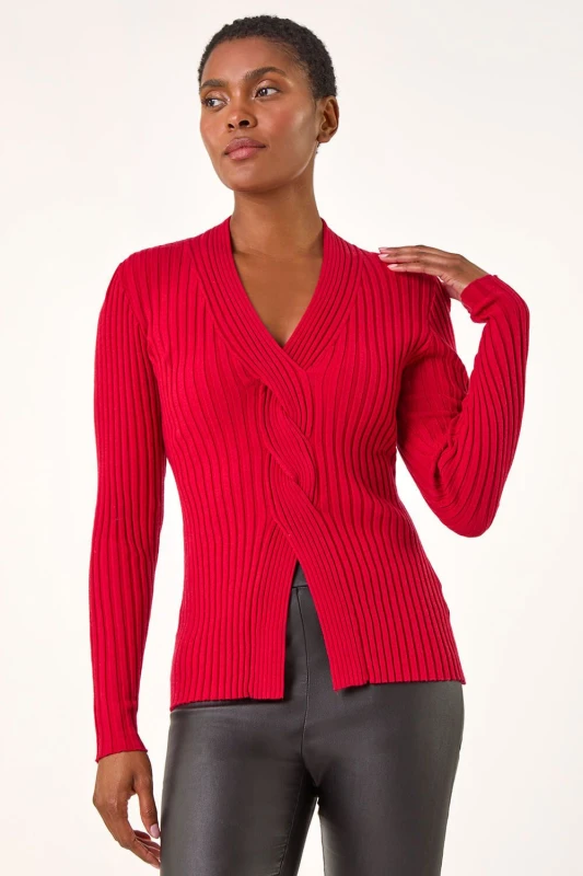 Image of Roman Cable Split Detail Rib Jumper Red