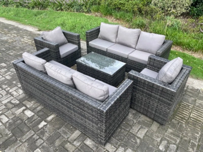 Image of Fimous Wicker PE Rattan Sofa Set Outdoor Patio Garden Furniture with 2 Armchairs Oblong Coffee Table Dark Grey Mixed Dark Grey