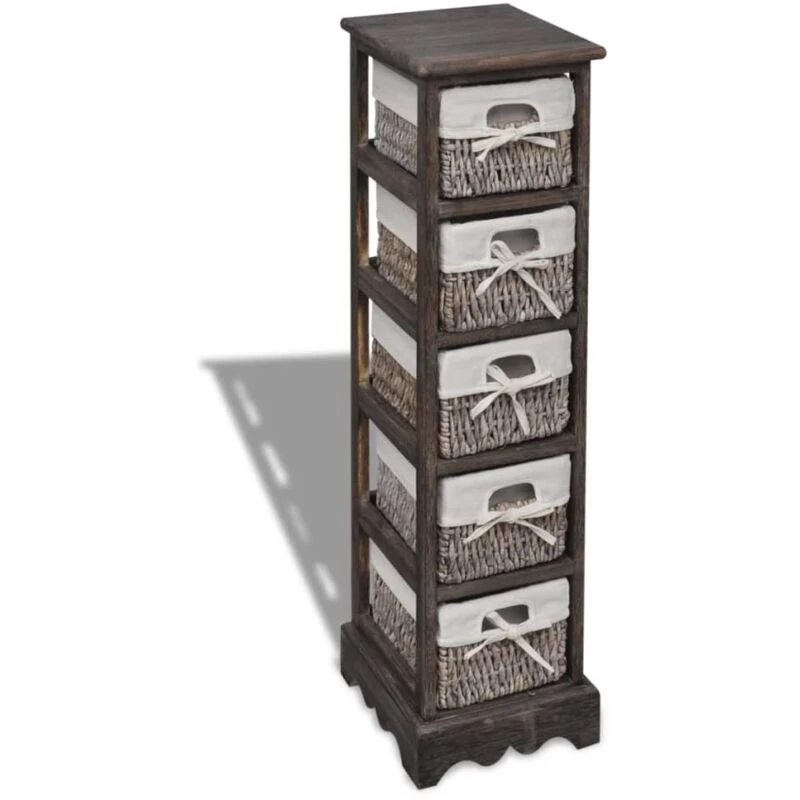 Image of vidaXL Wooden Storage Rack 5 Weaving Baskets Brown Drawer Cabint Shelving Unit
