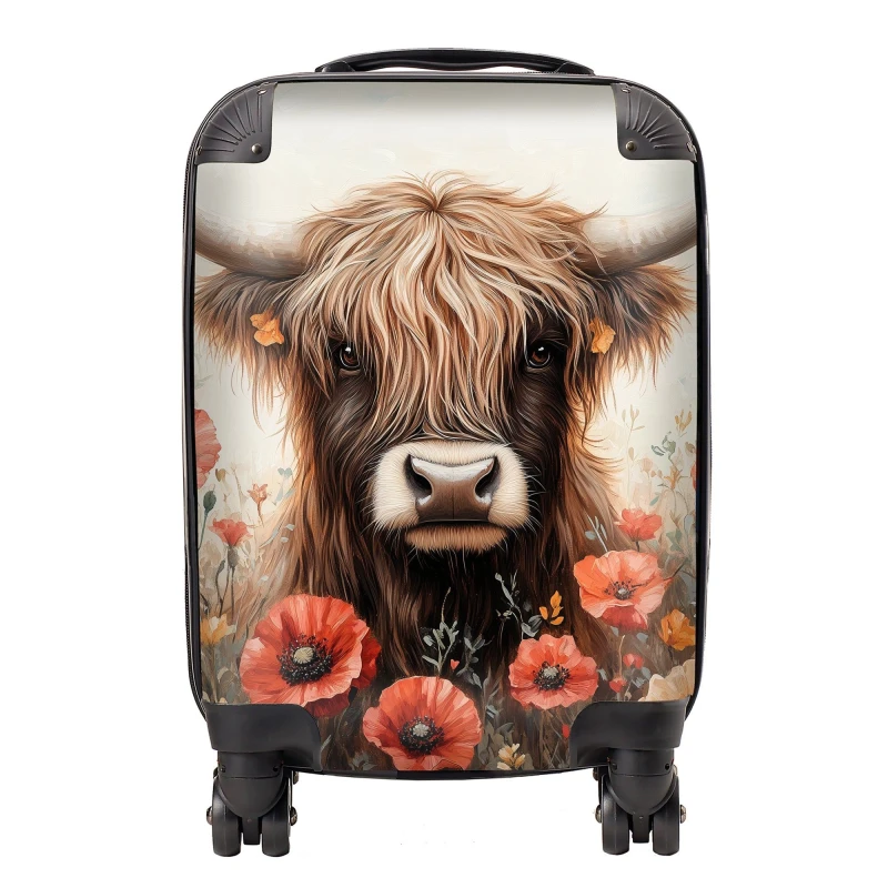 Image of Warren Reed - Designer Highland Cow & Summer Flowers Suitcase Size: Small Multicolor Unisex Small
