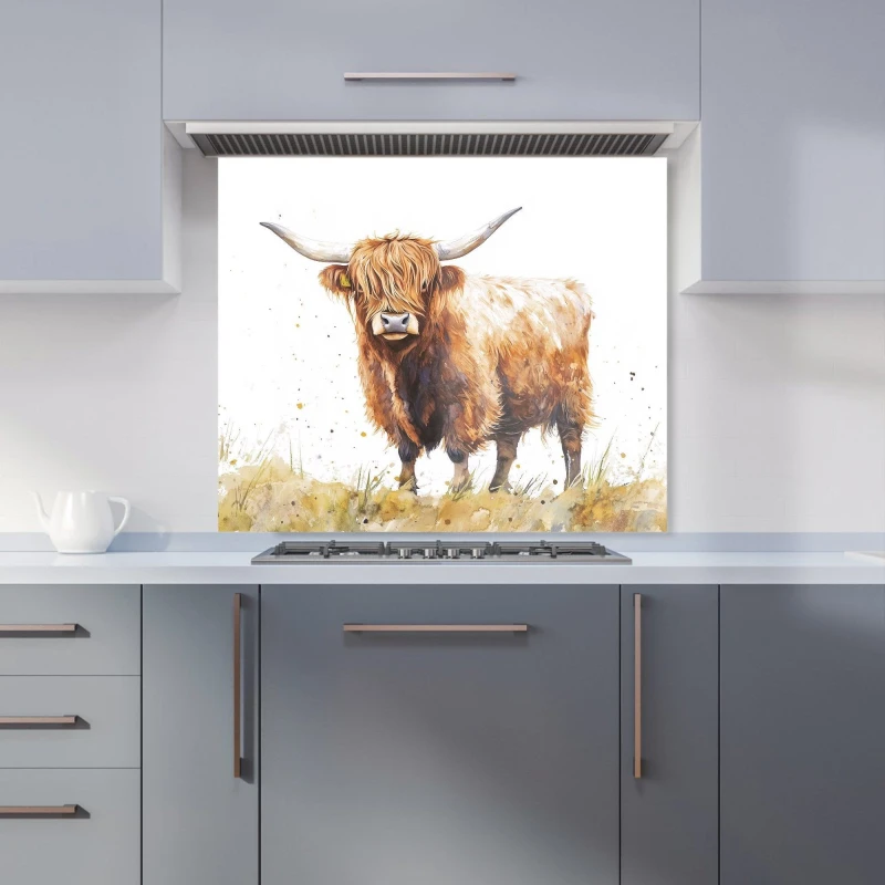 Image of Warren Reed - Designer Watercolour Highland Cow Kitchen Splashback in Brown Size: 900mm x 750mm Brown Unisex 900mm x 750mm