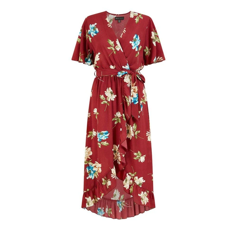 Image of Mela London Mela London Red Floral Dip Hem Wrap Midi Dress Red 8